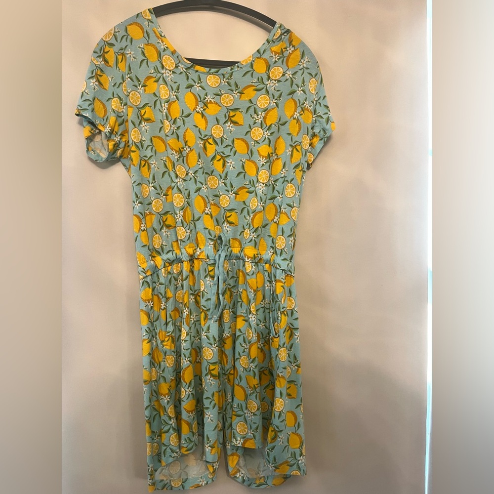 Lemon Print Short Sleeve Summer Romper - Aqua & Yellow
